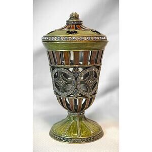 Vintage Ornate Metal Incense Burner Urn w/ Lid Jeweled Enamel Filigree Footed